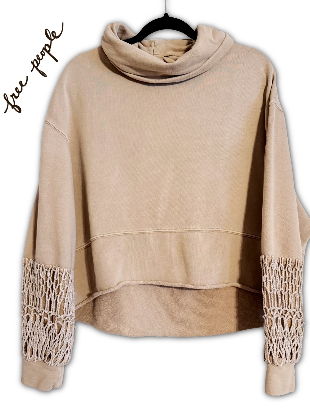 Rare Free People Sand Beige Cowl Neck Crochet Sleeve Pullover Small